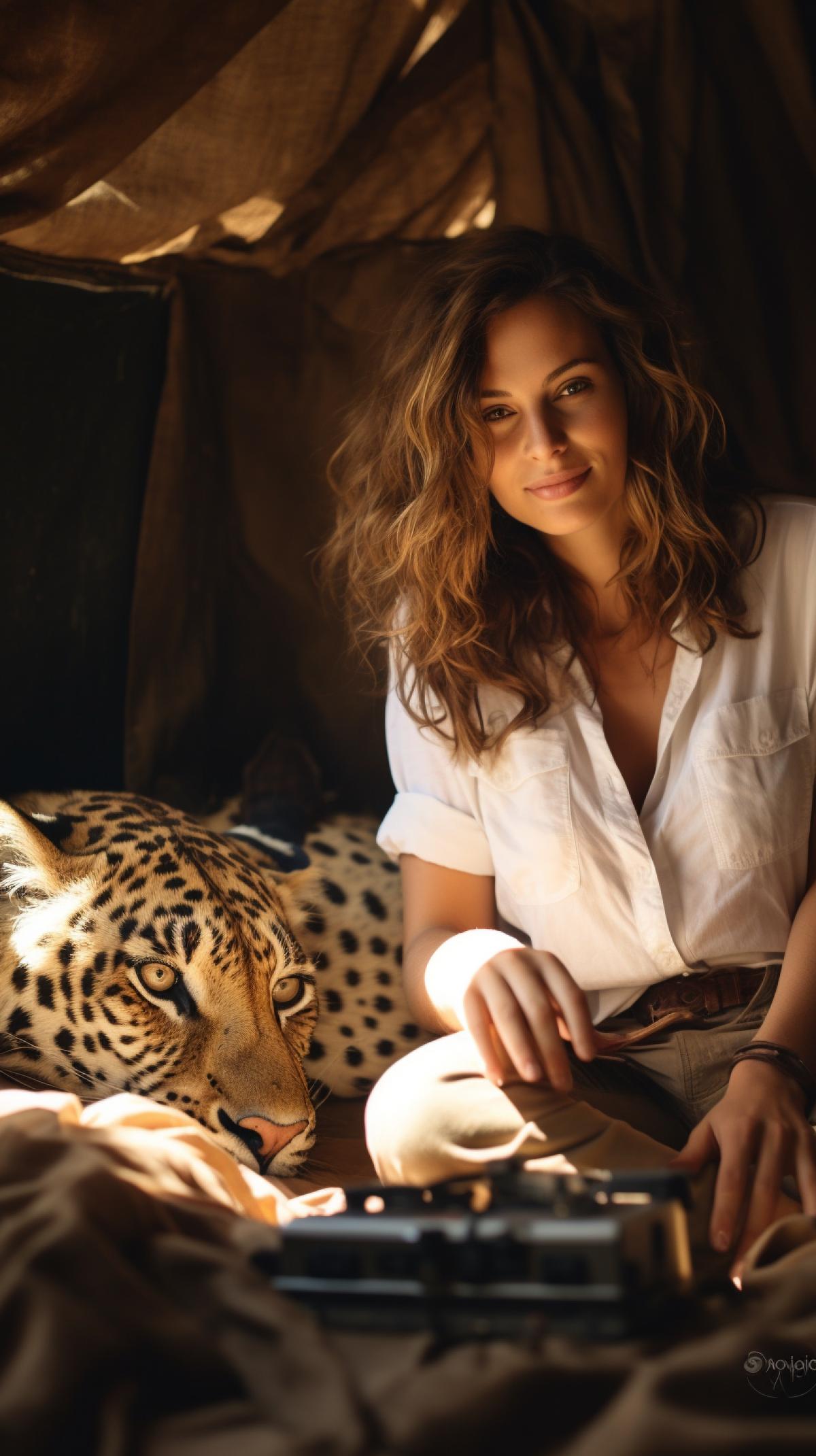 Attractive Girl Scientist naturalist observing wild animals of African savannah, bright midday light, high contrast of light and shadow, leopard lying in the background, professional camera Sony