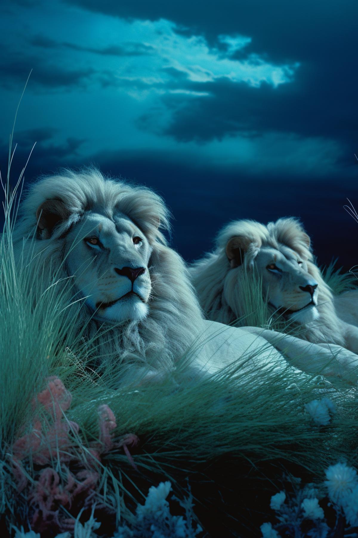 A surrealist depiction of lions lounging in the gron a savannah, photographed in the style of David LaChapelle, Bioluminescent color palette:, wide angle, ultra-detailed, cinematic still,