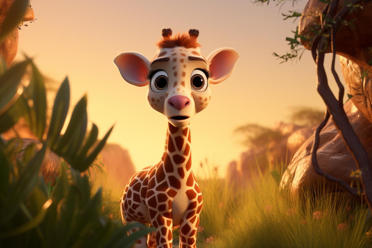 pixar style, dreamworks style, disney style] tiny cute Giraffe with big eyes. Background of savannah, expressive big eyes, character design portrait, intricate details, unreal engine, anime, natural light, soft cinematic light, volumetric light, edge lighting, tinycore, frogcore, rainbowcore, 8k