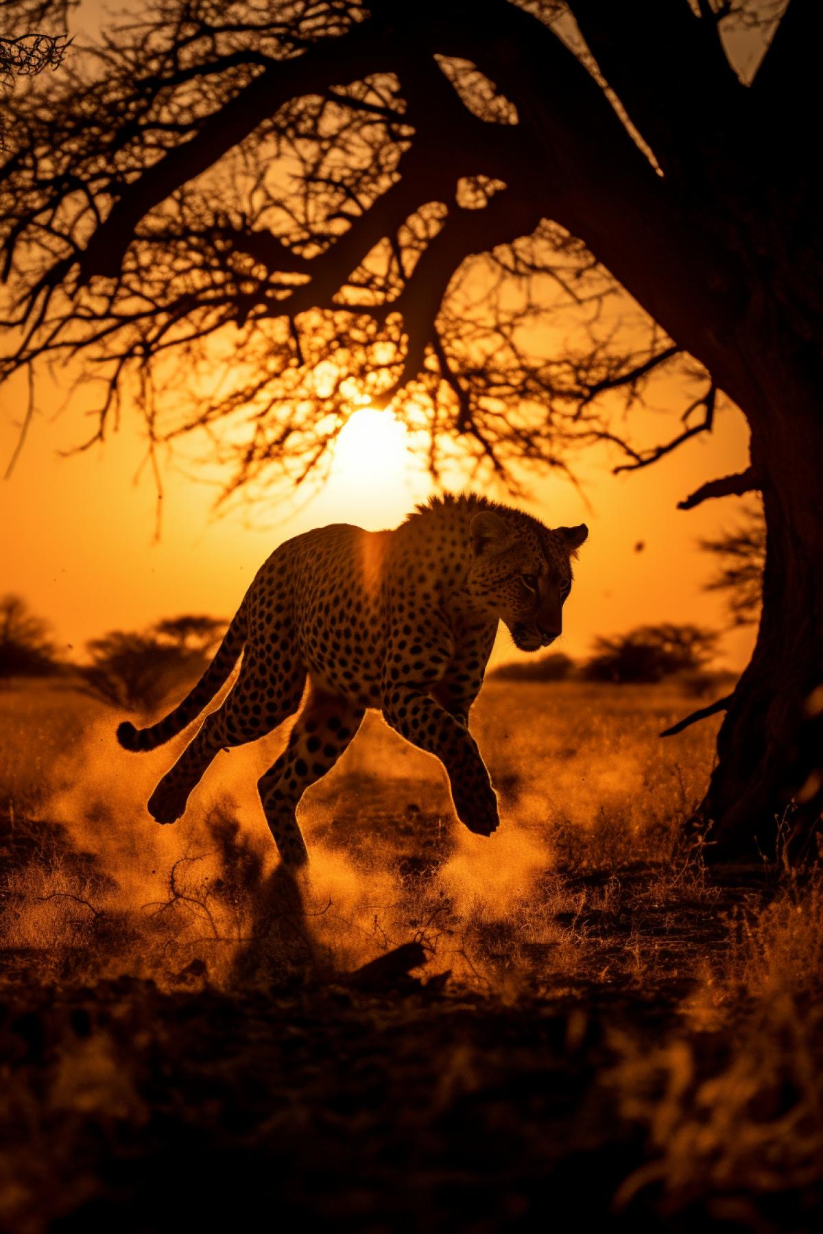 Acacia tree silhouettes, cheetah in pursuit, smartphone camera, wide-angle lens, sunrise, dynamic action shot, no filter.