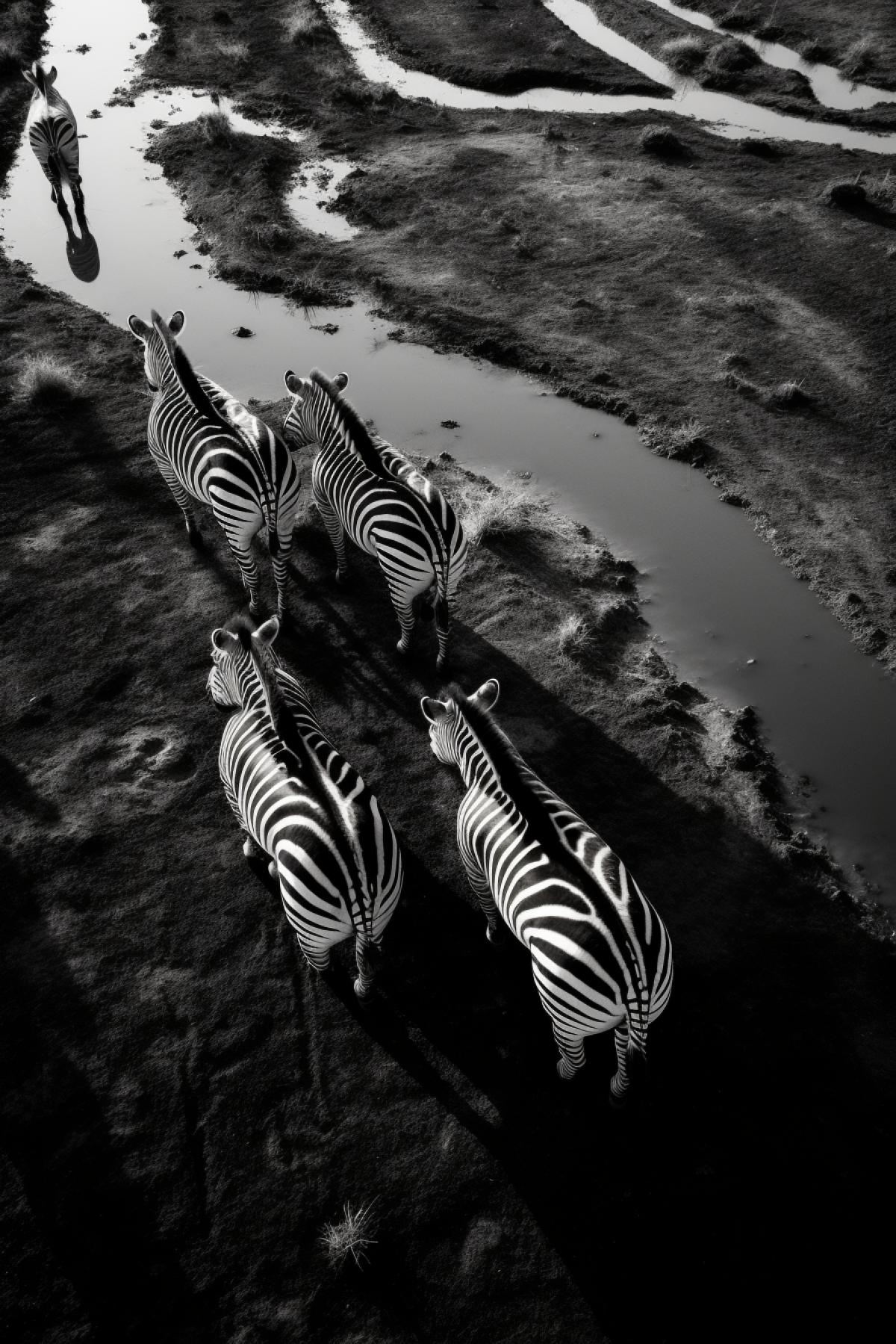 Zebras grazing, aerial drone, fisheye lens, midday, abstract patterns, dark and white mode.