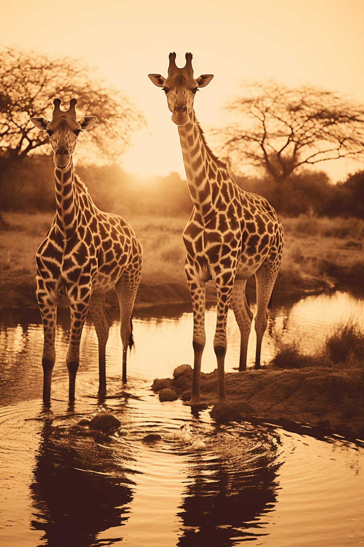 Giraffes at a watering hole, vintage film camera, prime lens, sunset, nostalgic sepia tone, analog film.