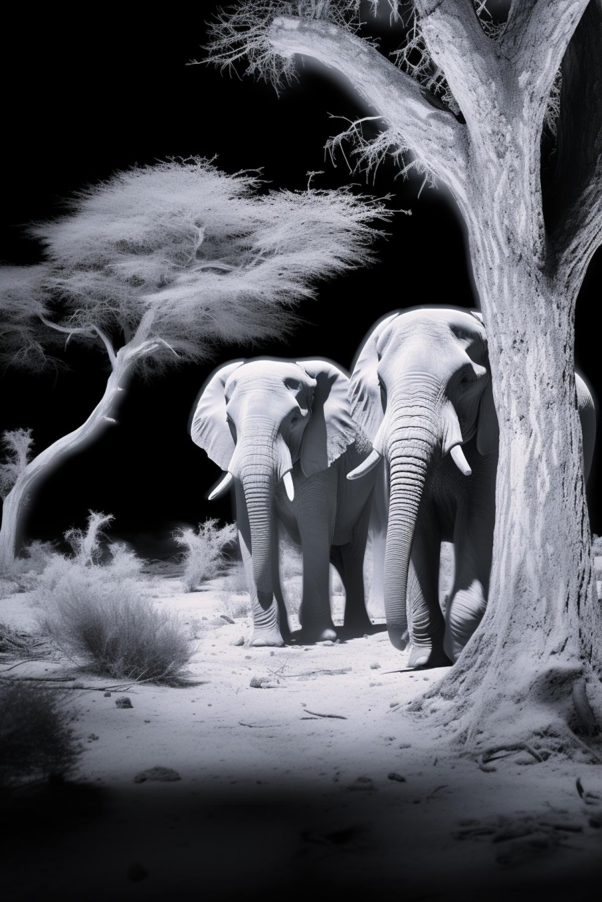 Elephants roaming, infrared camera, thermal imaging lens, nighttime, mysterious infrared view