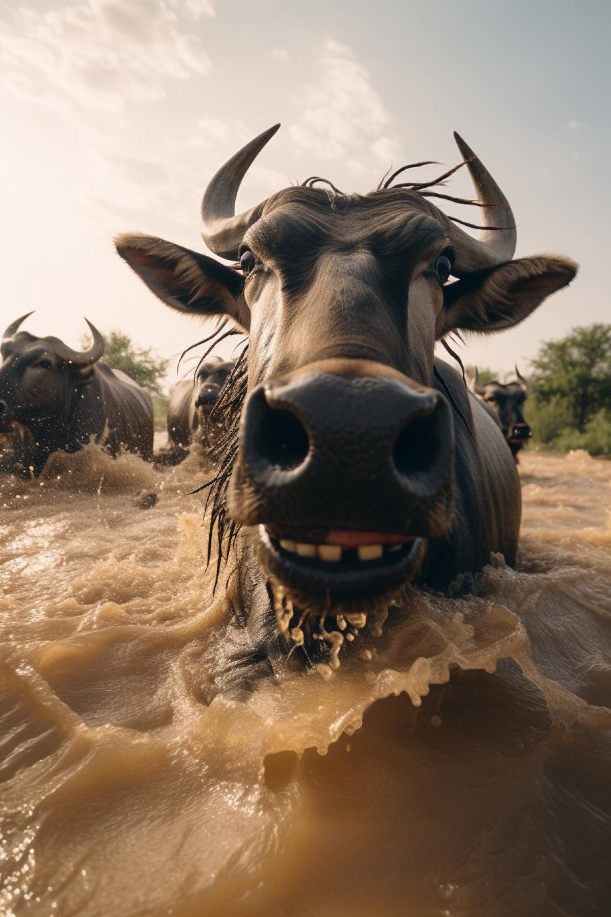 Wildebeest migration, action camera, waterproof housing, dawn, immersive POV shot, high frame rate