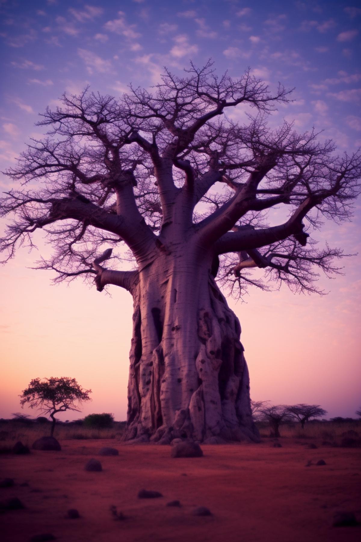 Baobab tree at dusk, pinhole camera, long exposure, twilight, dreamy soft focus, pinhole photography.