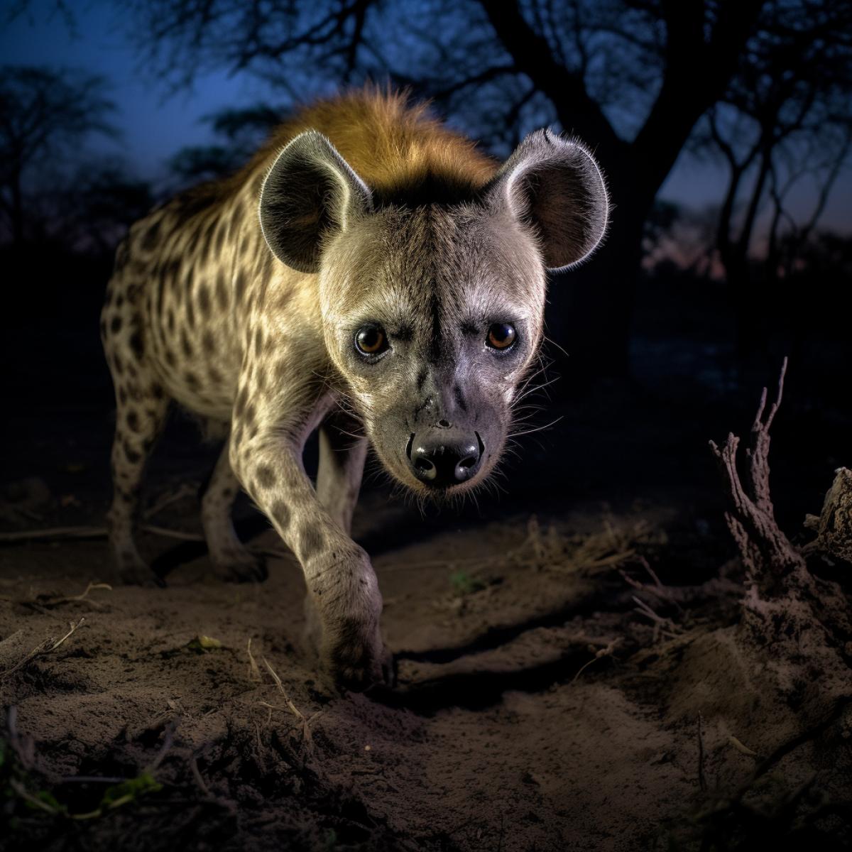 Hyena scavengers, hidden trail camera, motion sensor, moonlight, candid documentary, low-light mode.