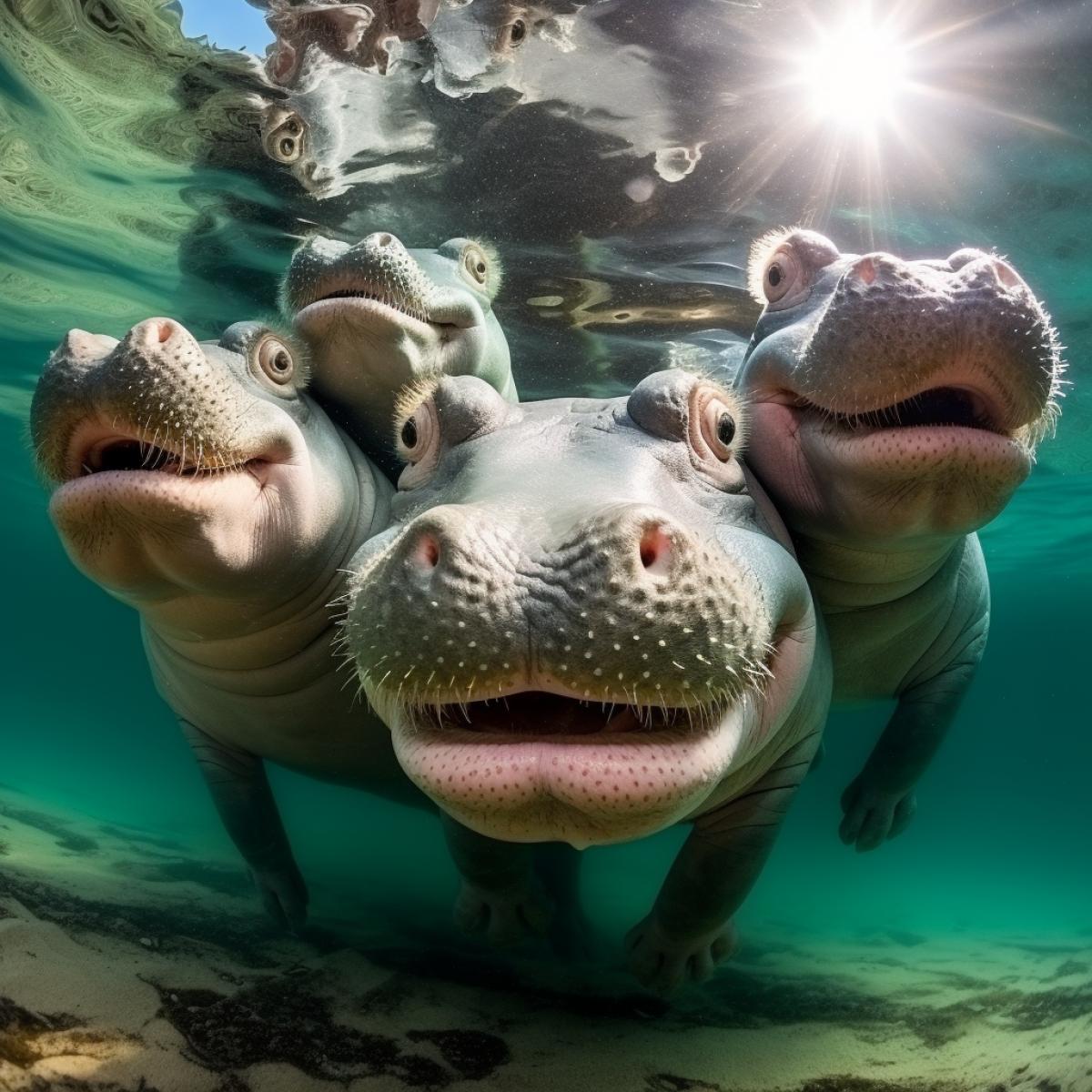 Hippo family in the river, underwater camera, wide-angle underwater lens, daytime, crystal-clear aquatic scene, underwater photography.