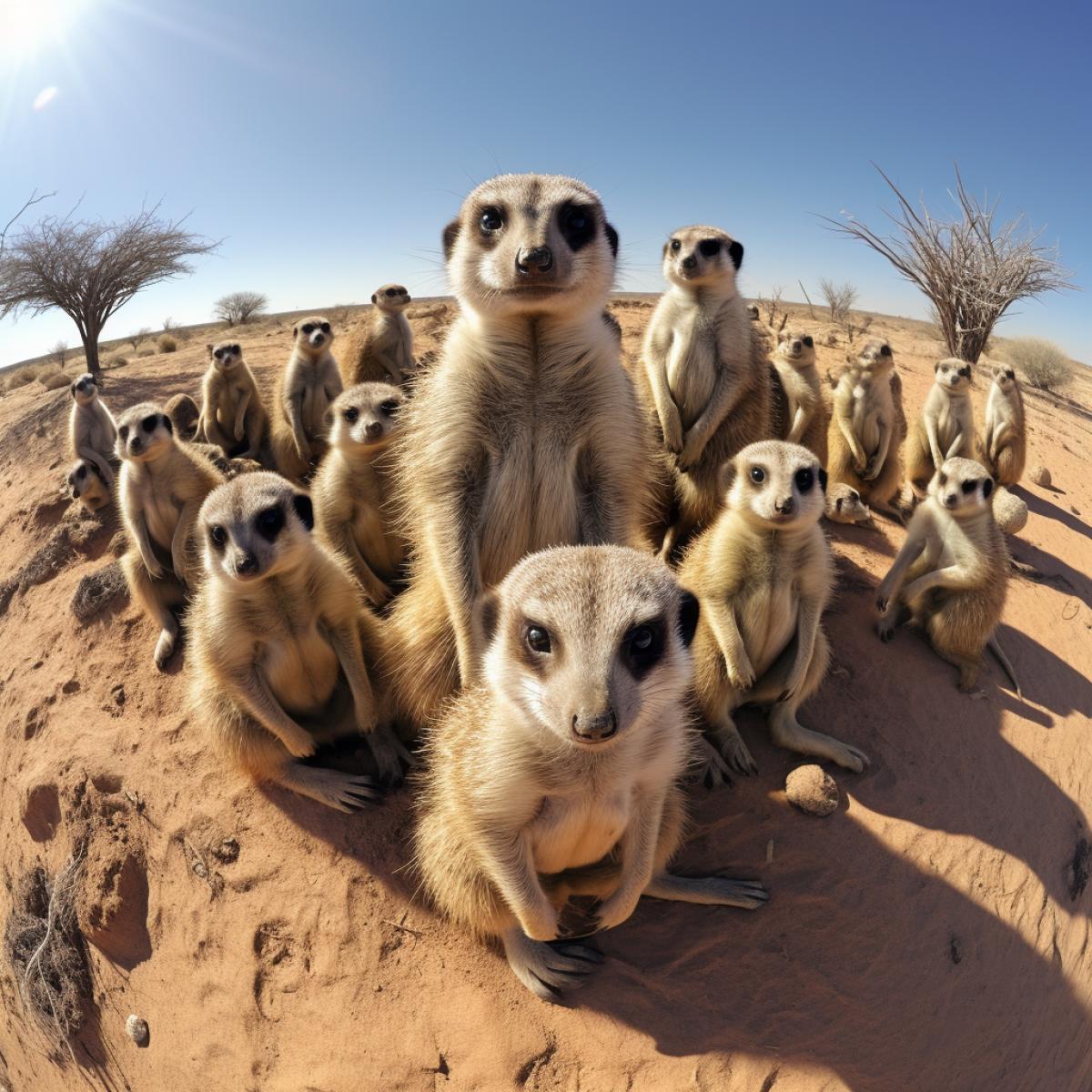 Meerkat colony, 360-degree camera, fisheye lens, noon, interactive virtual reality, 360-degree panorama.