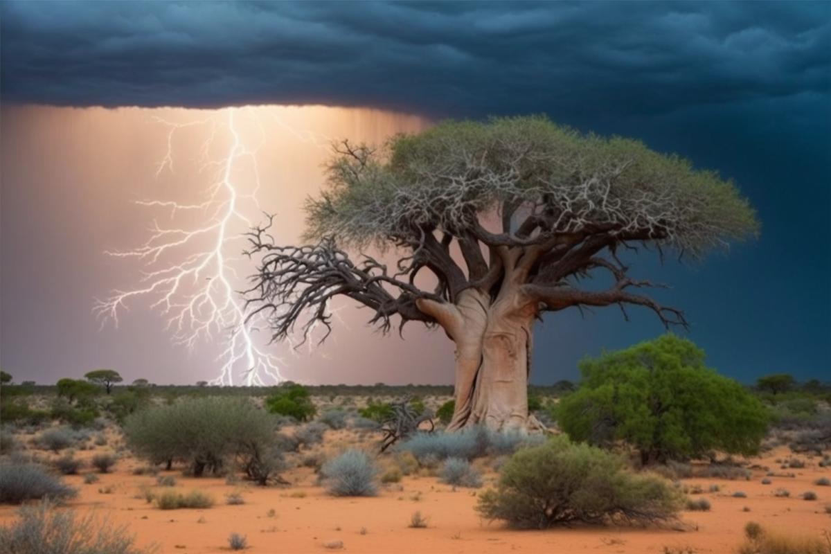 Thunderstorm in the savannah, lightning strikes a lonely baobab tree