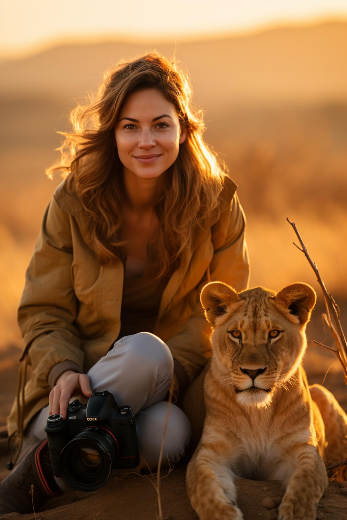 Vast savanna landscape, lioness hunting, DSLR camera, telephoto lens, golden hour, wildlife portrait, digital sensor.