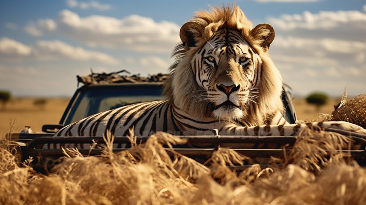 A lioness lies on the roof of an old Land Rover Defender in the middle of the African savannah, with zebras grazing in the background, National Geographic photo