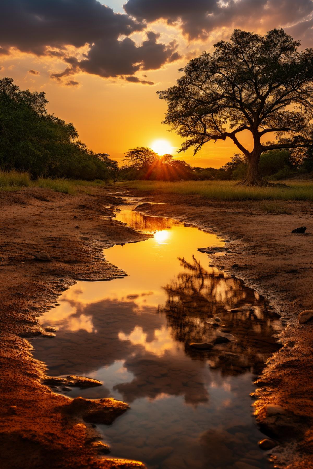 Savanna riverbed, reflections in water, mirrorless camera, polarizing filter, sunset, tranquil waterscape, warm golden hues.