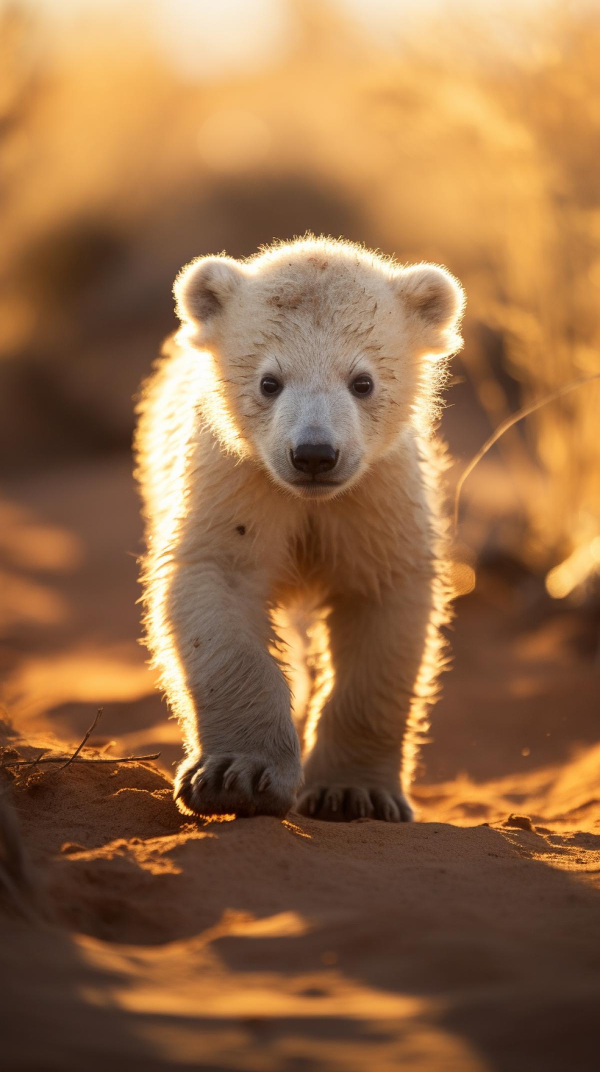 Polar bear cub lost in the middle of African savannah, whole body in frame, savannah background, high contrast of light and shadow, grainy photo, high resolution, depth of field, highlights and glare.