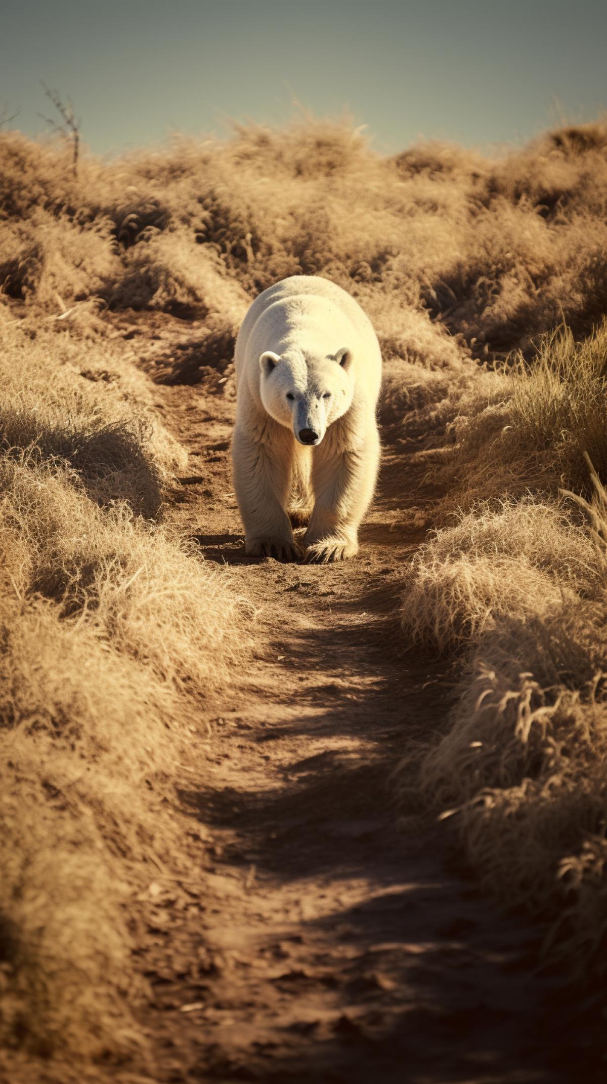 Polar bear lost in the middle of African savannah, whole body in frame, savannah background, high contrast of light and shadow, grainy photo, high resolution, depth of field, highlights and glare.