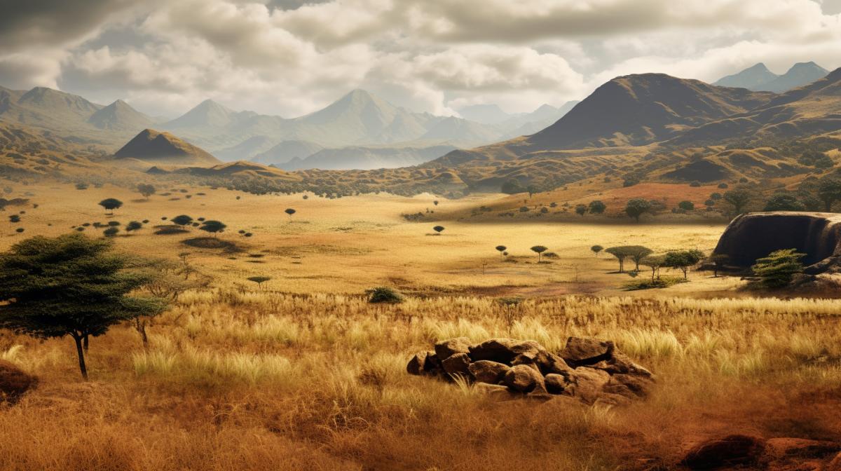 Studio photo of a African savannah, mountains, detailed photo, insanely detailed, natural lighting, in the style of national geographic aesthetic, dynamic, cassavetes, criterion collection, 2010s art cinema, cinestill, 50d, leica 50mm lens, film grain v 5.1 iw 2.0