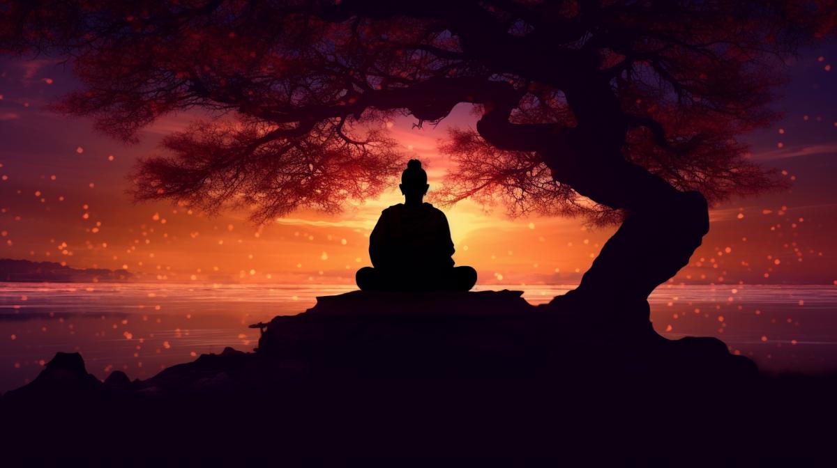 Silhouette of a meditating Buddhist at sunset in a shroud of a beautiful patchwork tree