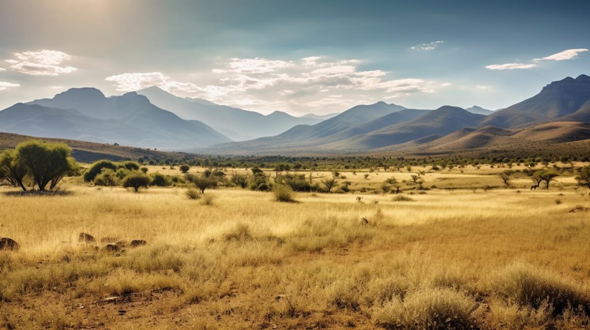 a African savannah, mountains, natural lighting bright midday light, high contrast of light and shadow, mountains in the background, professional camera Nicon