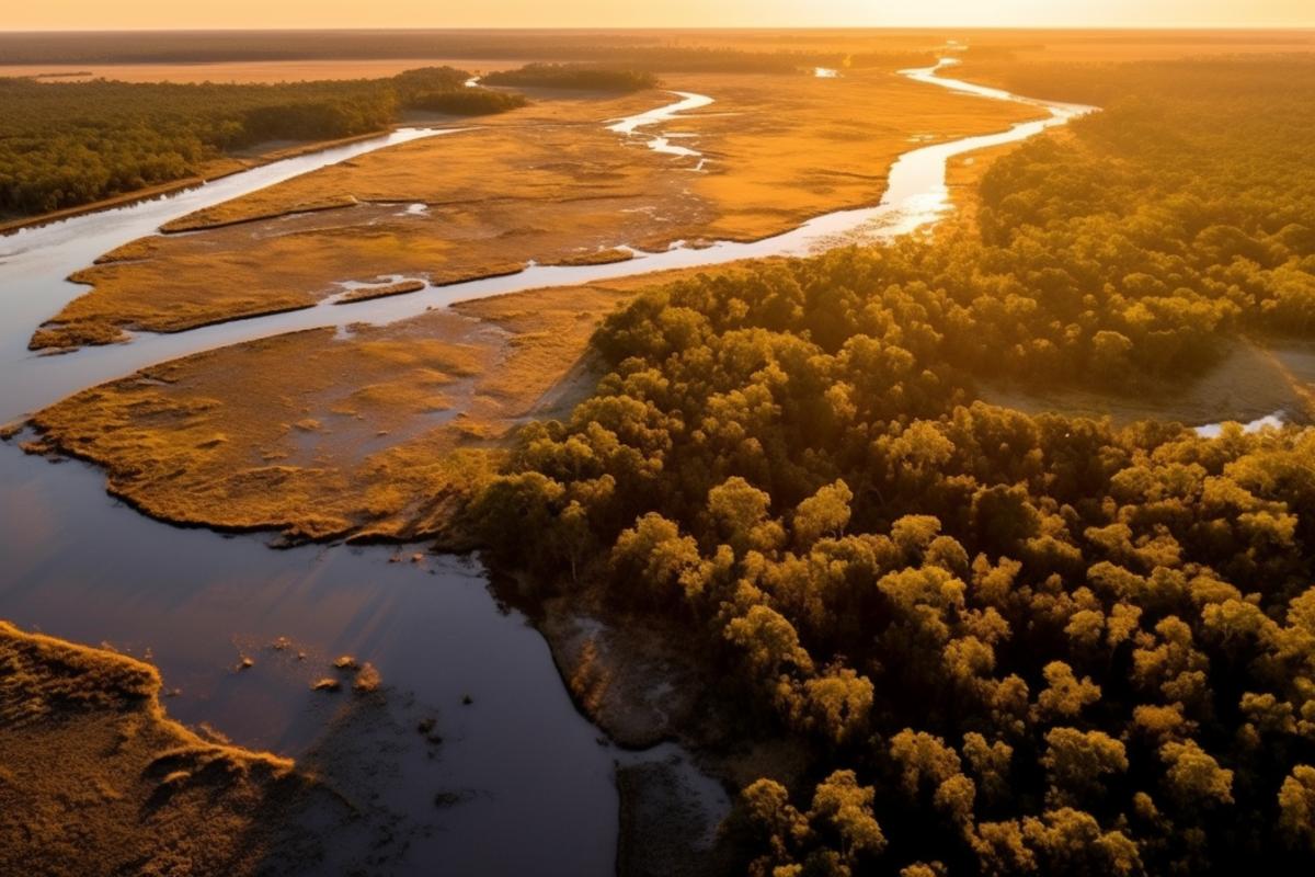 Aerial photography of savannah, beautiful nature, stunning view, perspective, sunset
