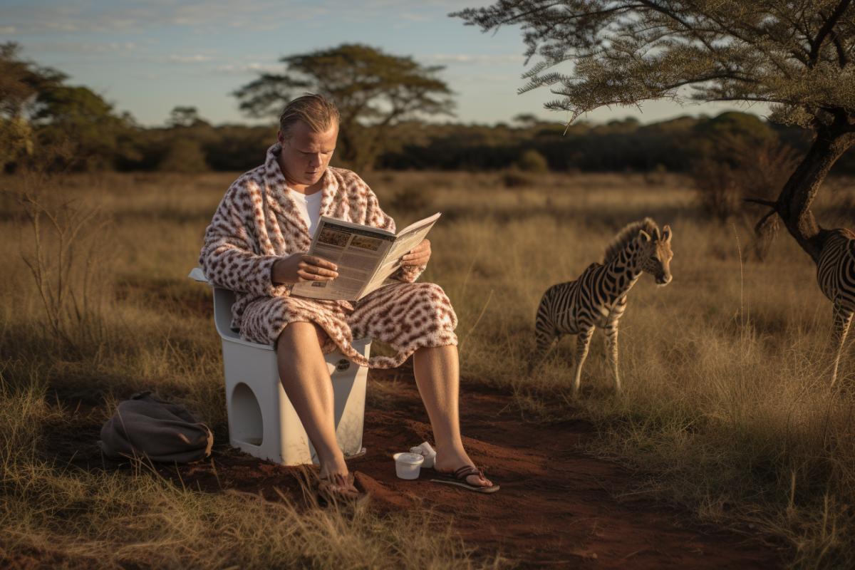 A man sits on toilet in the middle of the savannah wilderness and reads a newspaper, wearing pajamas and slippers