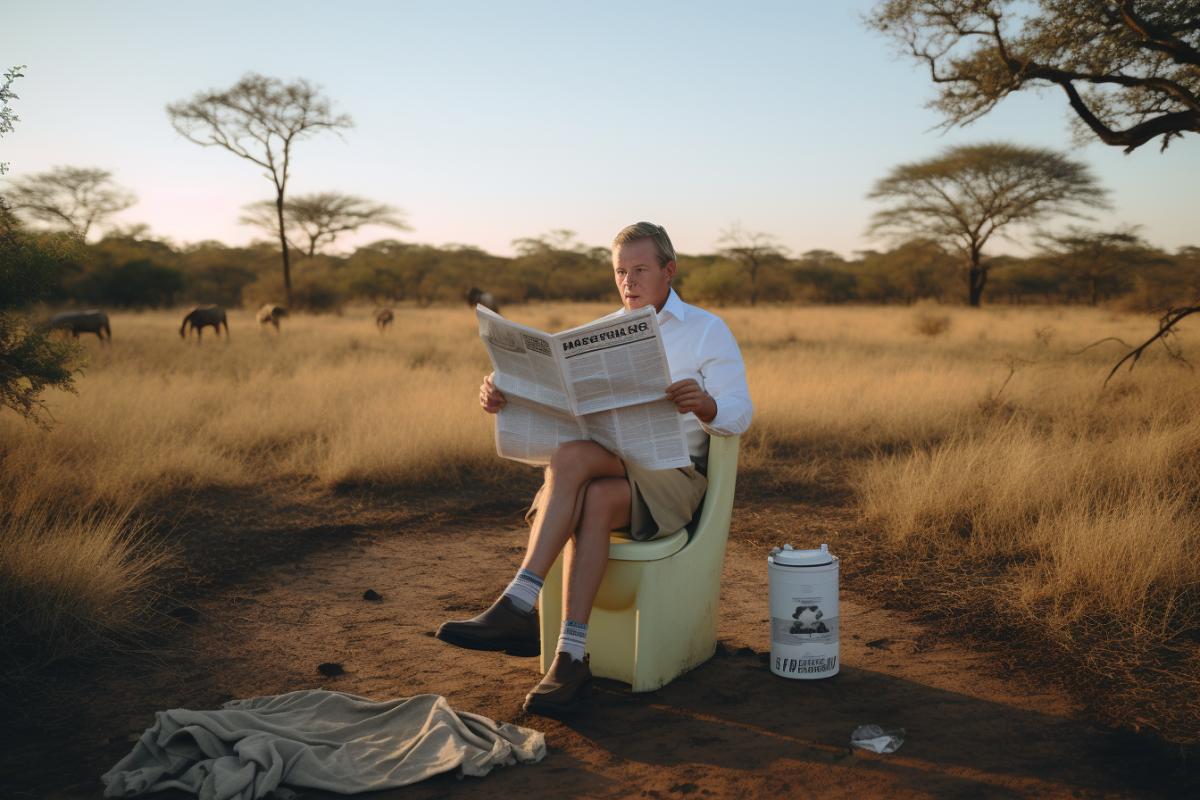 A man sits on toilet in the middle of the savannah wilderness and reads a newspaper, wearing pajamas and slippers
