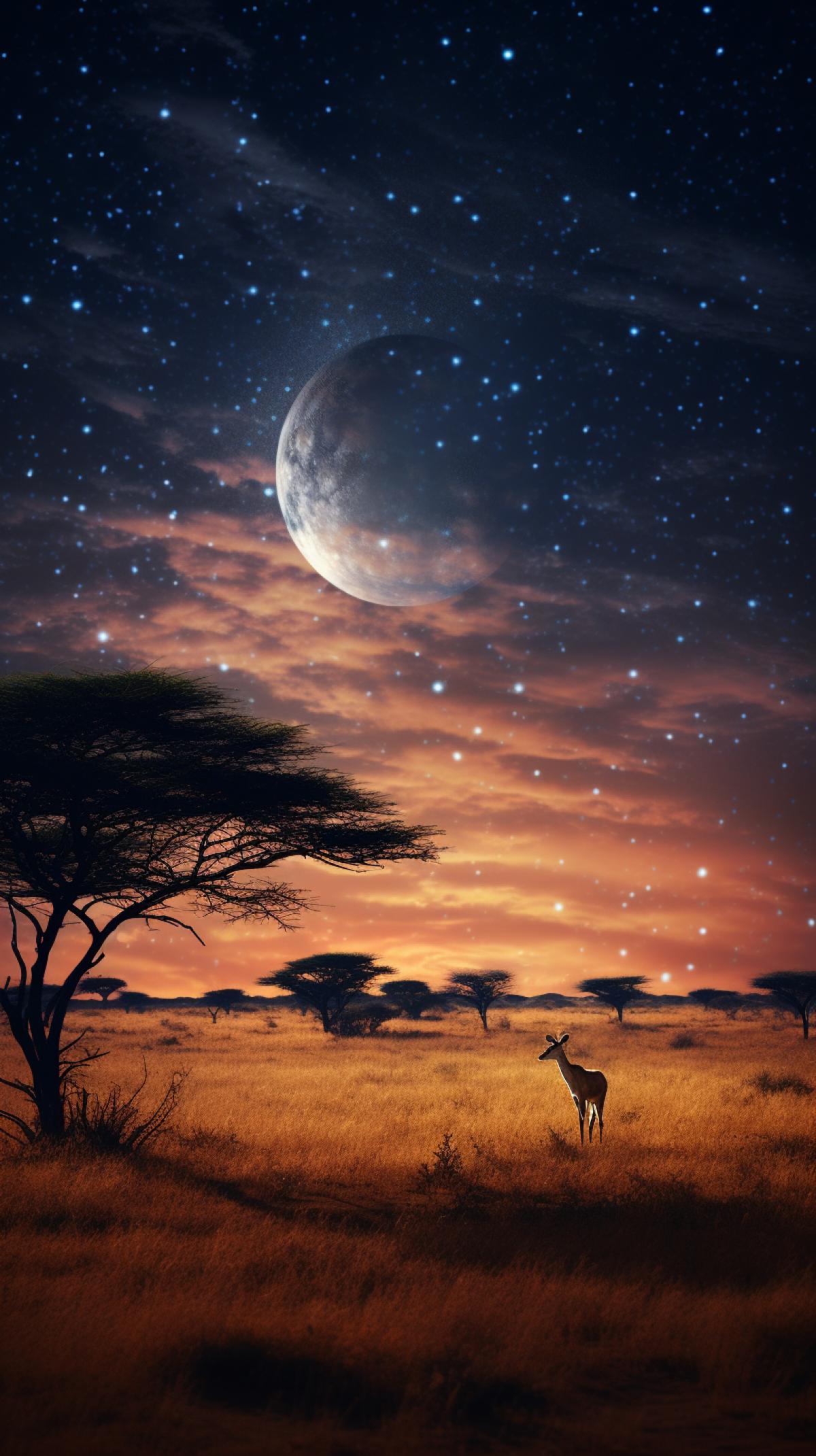 Fenech on stargazing background in African savannah, light night, soft diffused moonlight, sharp photo, high resolution, depth of field, stargazing background in savannah.
