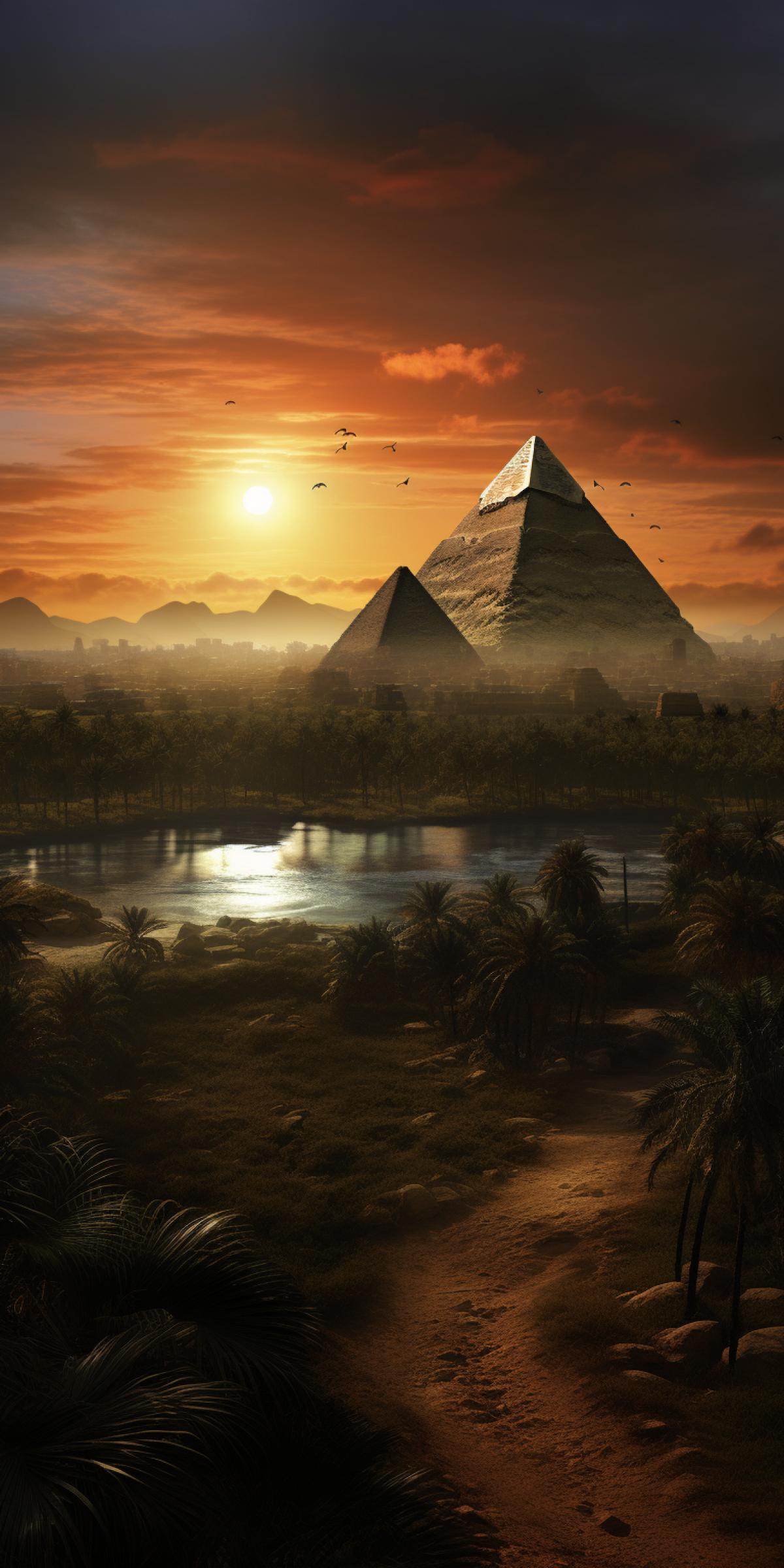 photorealistic image of an ancient Egyptian landscape, with the Great Pyramids in the background, shrouded in the mystique of the era.