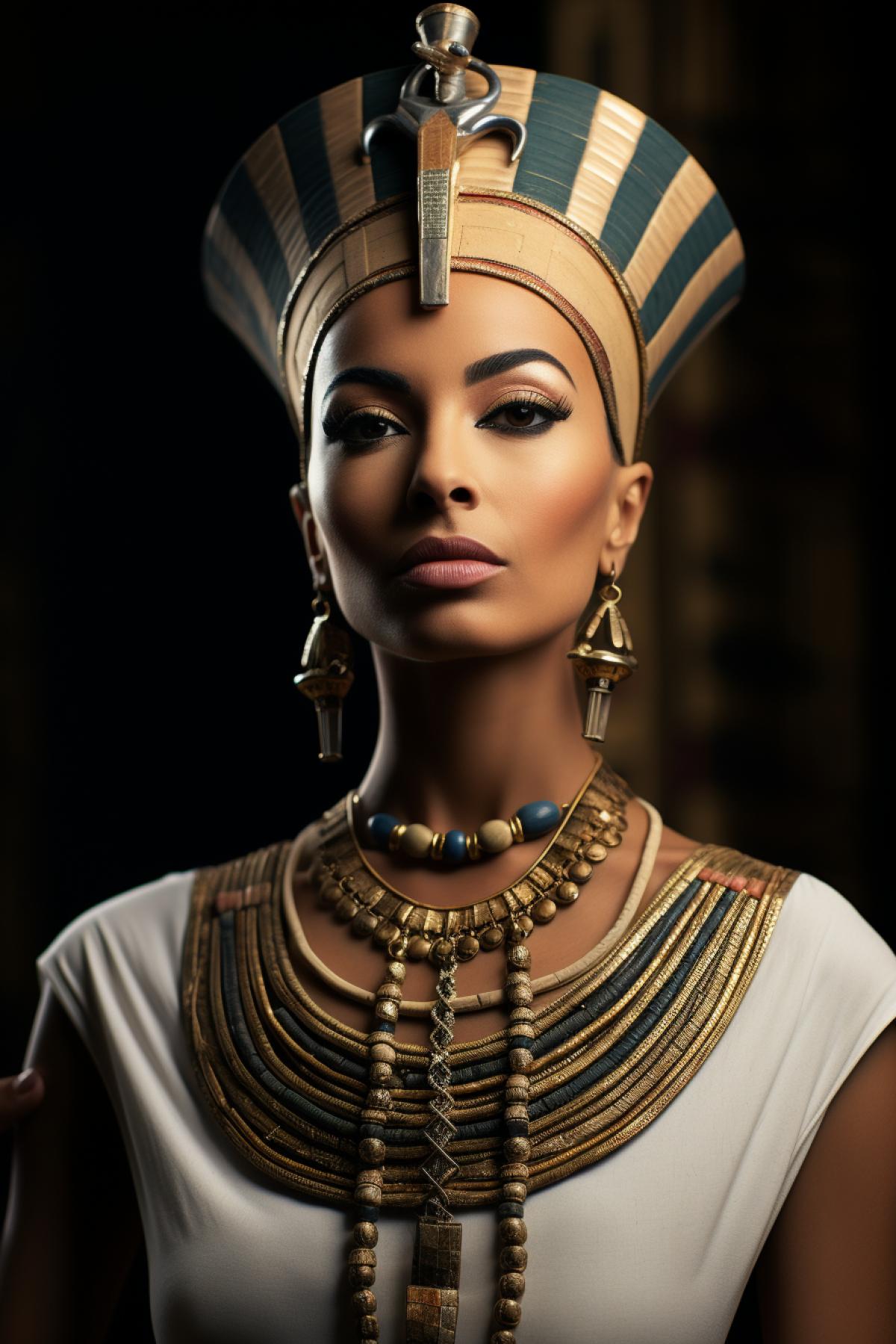 A mesmerizing scene capturing Queen Nefertiti of Egypt in her elegant regal attire, exuding beauty and grace as she stands as a symbol of power and femininity, mesmerizing, regal, elegant, influential, graceful, DSLR, wide-angle lens, midday, majestic and com4kd, digital