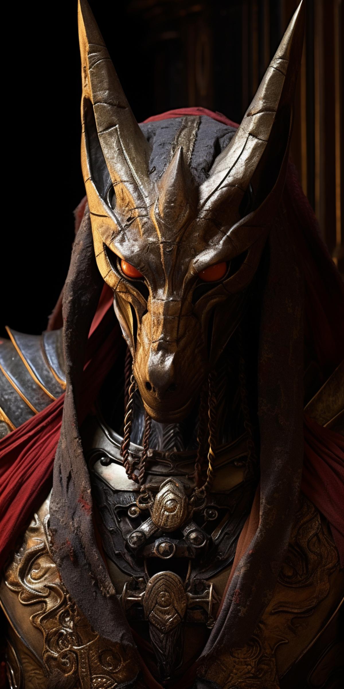 close-up portrait of monstrous Anubis the god of the dead, protector of graves, and guide to the underworld, anthropomorphic god with jackal head, back light, verdant, colorful Egyptian architecture, ornated armor, sand, sunset, donato giancola, anders zorn, Giovanni Battista Tiepolo, joel sartore, cinematic lighting, raking sunshine, long shadows, wet, hyperrealism, high contrast