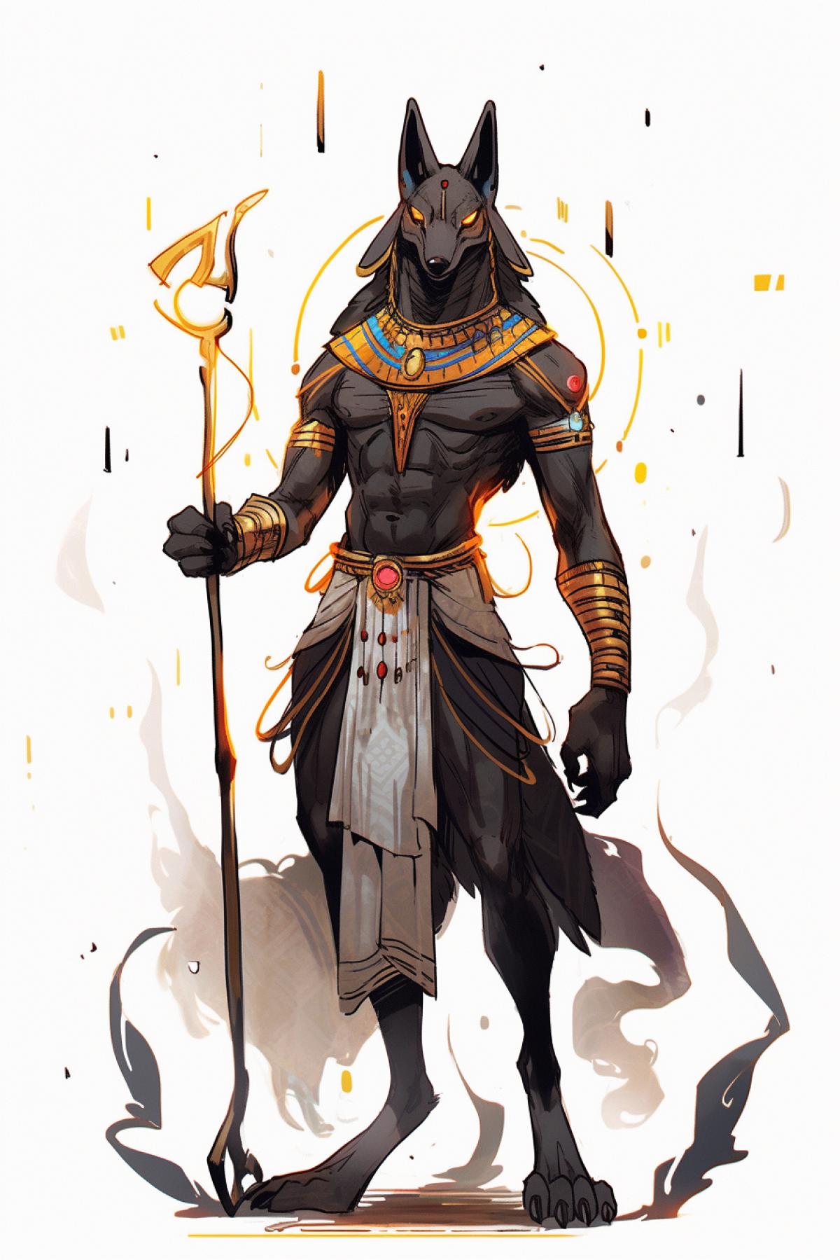 manga sketch God of Egypt Anubis, pencil and wash style, pencil line, subtle coloring, outlines bold brushstrokes, epic ink arc shot, hand drawn with colored pencils, wild chic brushstrokes