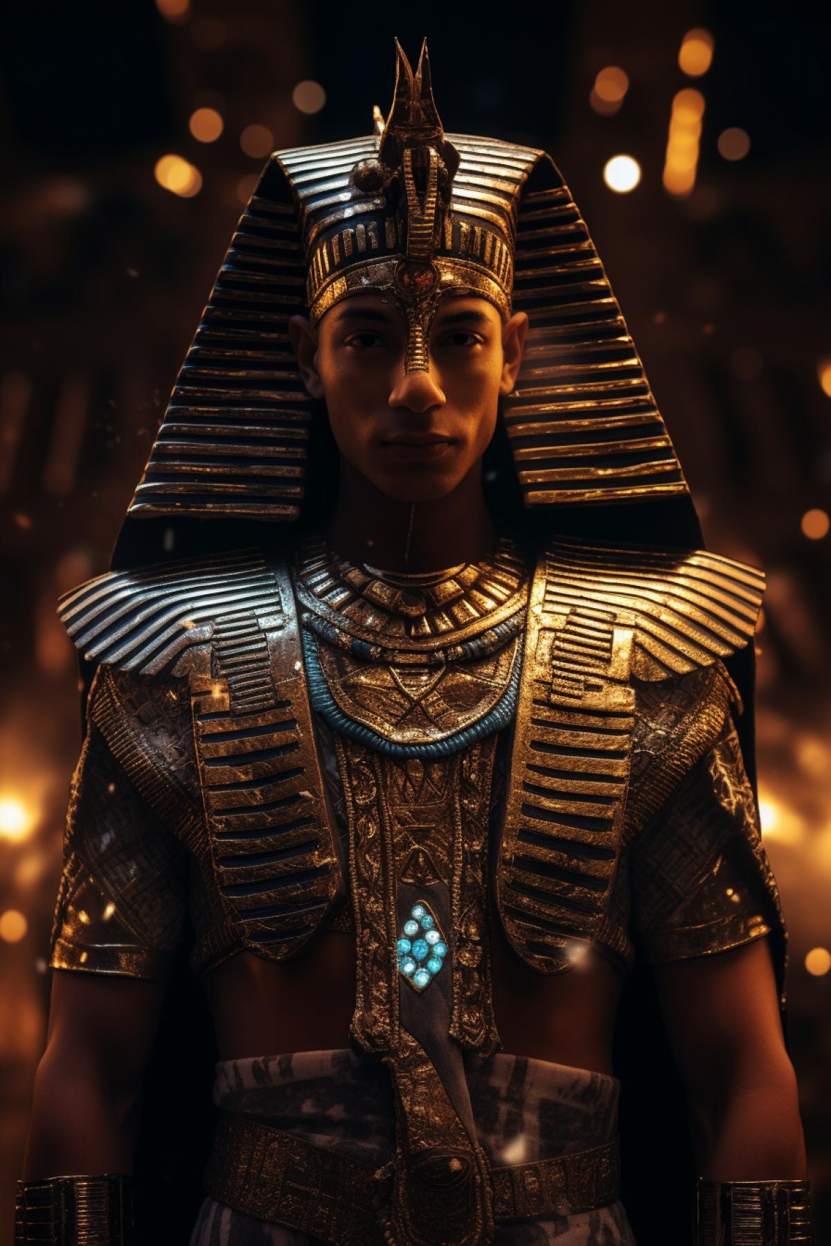 Handsome young Pharaoh guy amenhotep, full body, egyptian night, airplane carpet, standing on top of a beach, fantasy art, perfectly lit face, intricate led jewellery, artificial intelligence princess, glowing light, light makeup, a still of an ethereal, glitter accents on figure, detailed glowing head