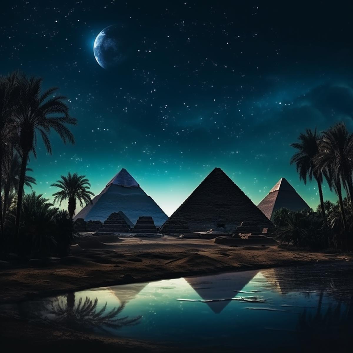 Ancient Egypt with pyramids at night
