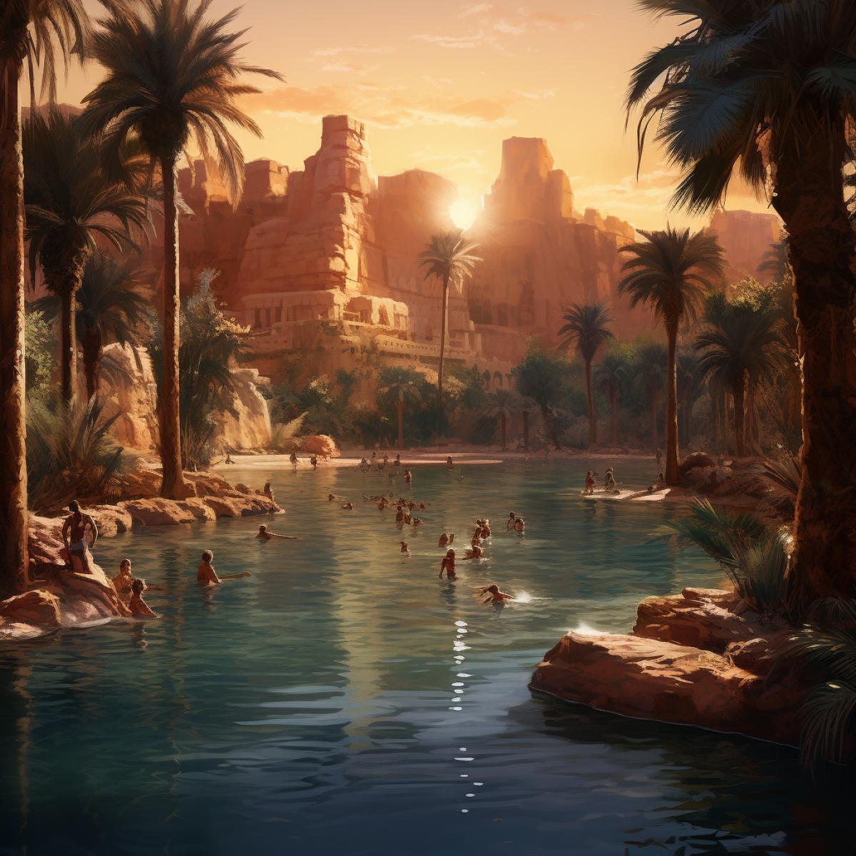 Hiden oasis in the ancient egiptian desert , Palm trees, rocky vegetation with a hot springs, the children swim in the lake, the Pink sun shines, stunning magical light, watercolor pencil art by Rebbeca Guay and Marc Simonetti, vibrant bright cinematic lighting, photography Daniel Kordan