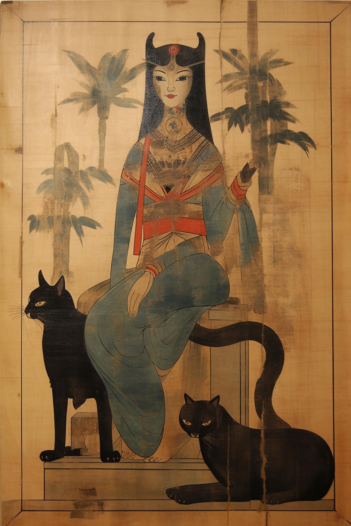 Ancient Egyptian cat goddess Japanese painting