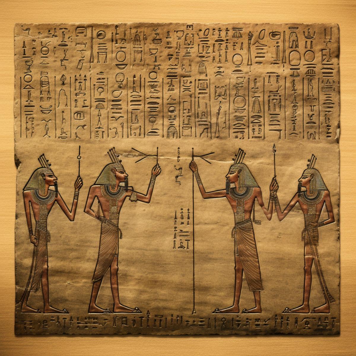 Different Egyptian gods drawn in fine lines like a graph on a clay stone, old