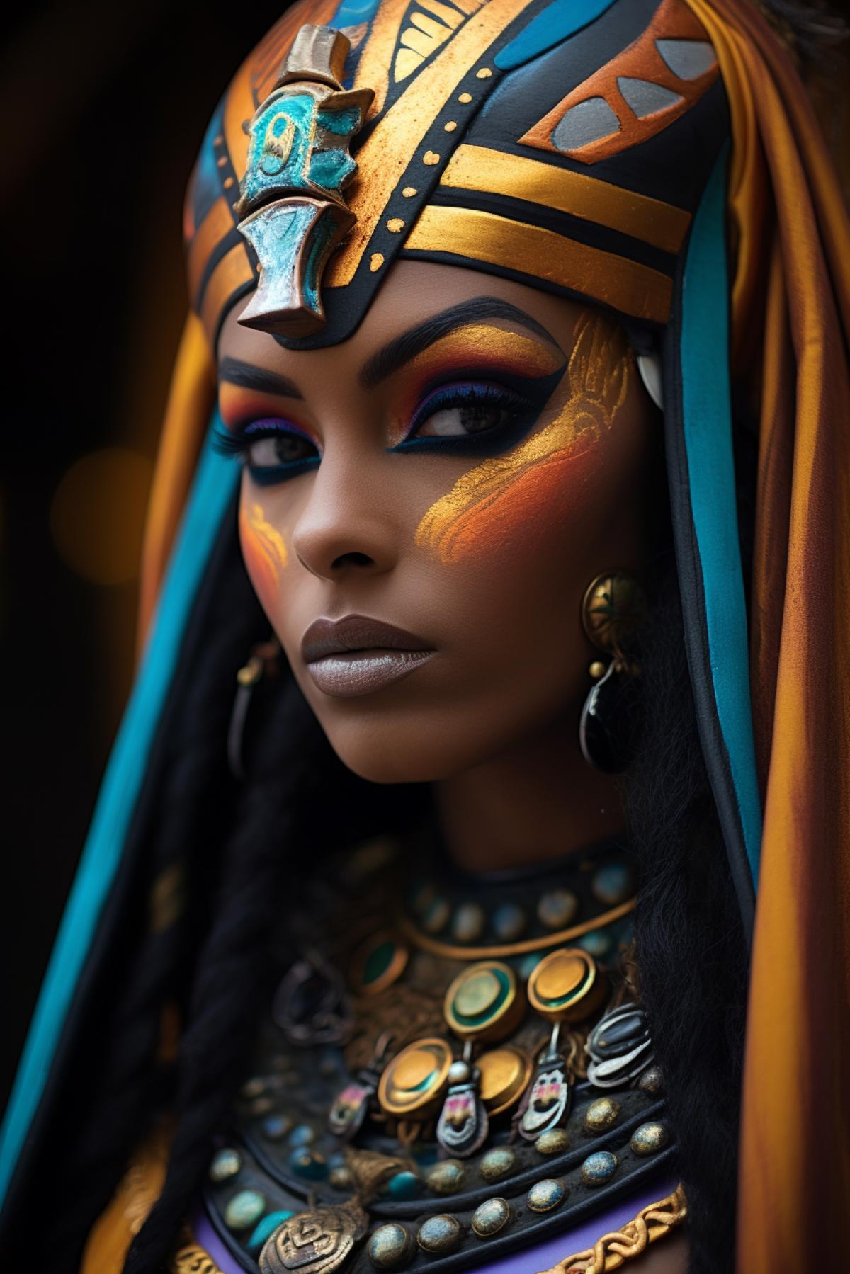 colorful, evil Necromancer in an egyptian costume looking over her shoulder