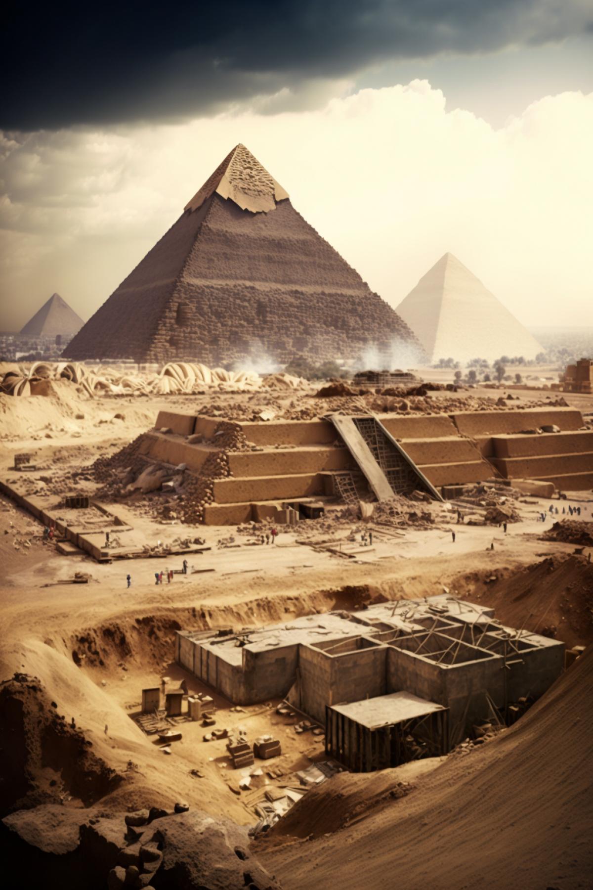 Construction of the Egyptian pyramids. View of the construction site from afar.