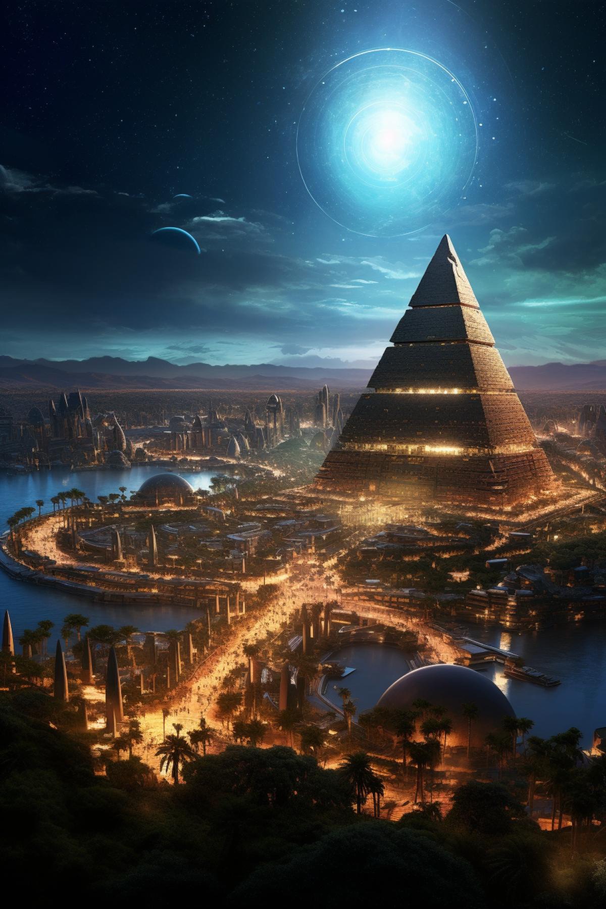 Ancient Egypt city in the future, aliens gods, cosmically, enough planet, peoples, photo realism, height details