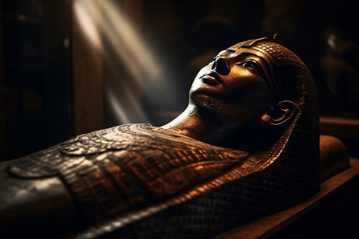Mummy in a sarcophagus in a tomb, ancient Egypt, atmospheric, mysterious