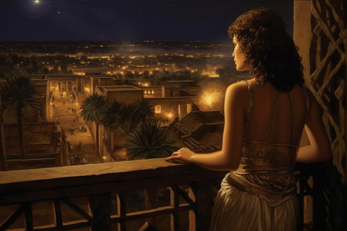 The Egyptian queen looks at the ancient Egyptian city at night from the balcony of her palace, ancient Egypt, Memphis, 2000 BC, historical surroundings, atmospheric, photorealism