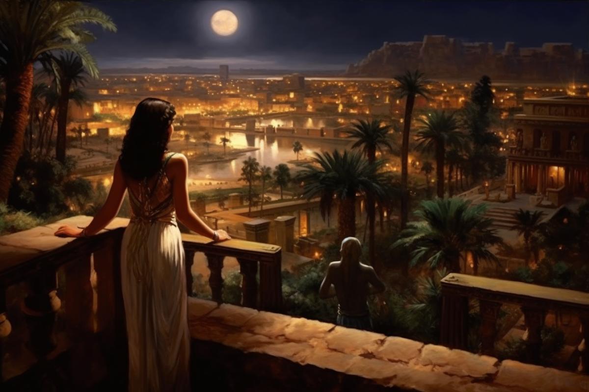 The Egyptian queen looks at the ancient Egyptian city at night from the balcony of her palace, ancient Egypt, Memphis, 2000 BC, historical surroundings, atmospheric, photorealism
