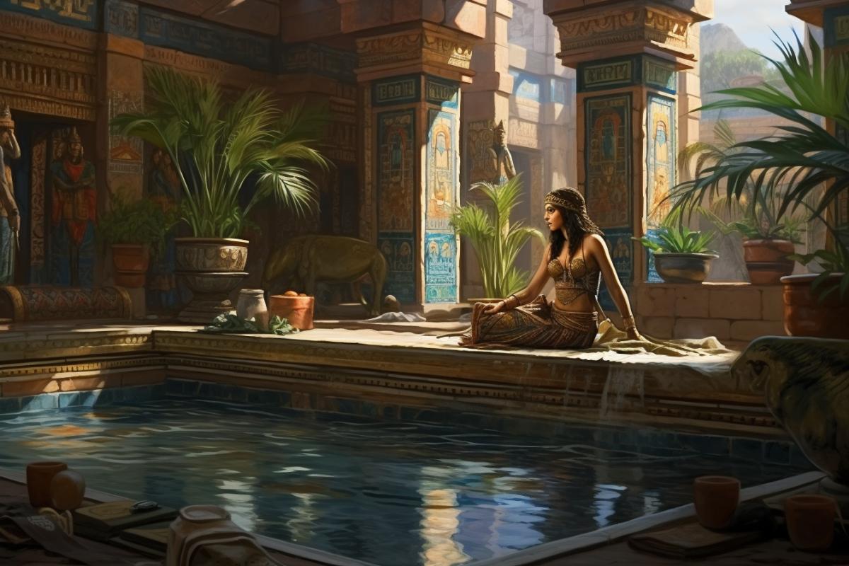 Cleopatra in the baths, ancient Egypt, photorealism