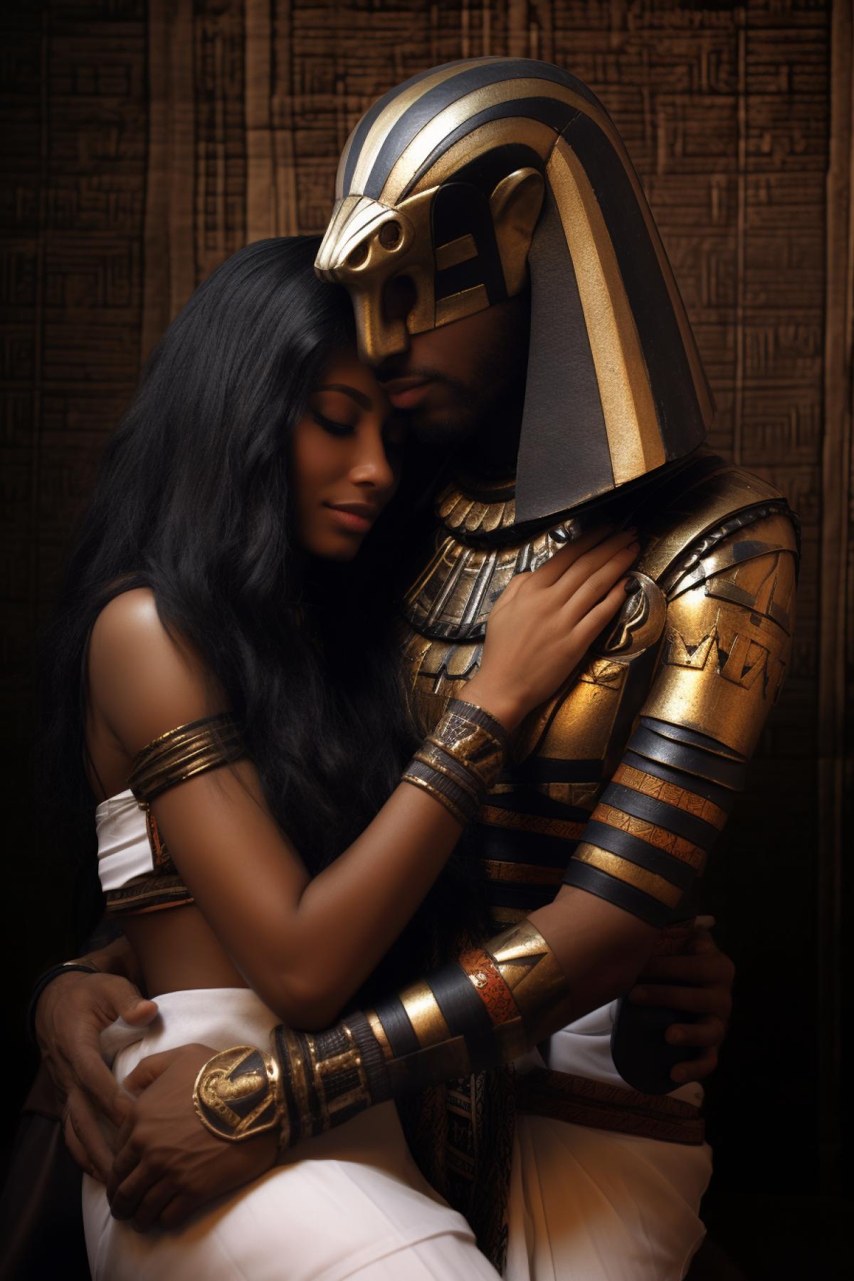 Anubis hugs a beautiful Egyptian girl, ancient Egypt, photo realism