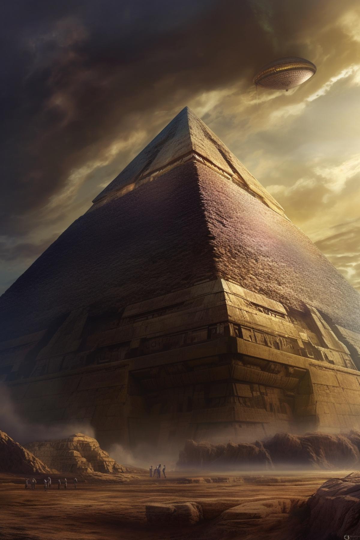 Ancient Egypt, alien ship building a pyramid, photorealism