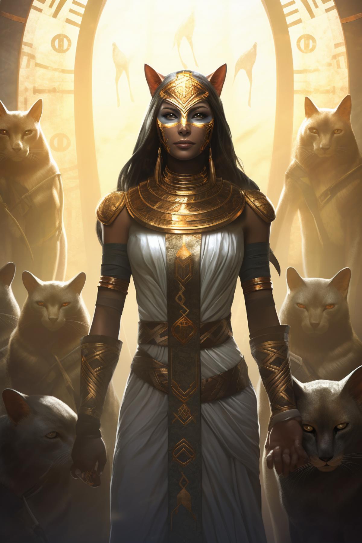 Goddess Bastet in human form surrounded by cats, ancient Egypt, photorealism, majestic, fascinating