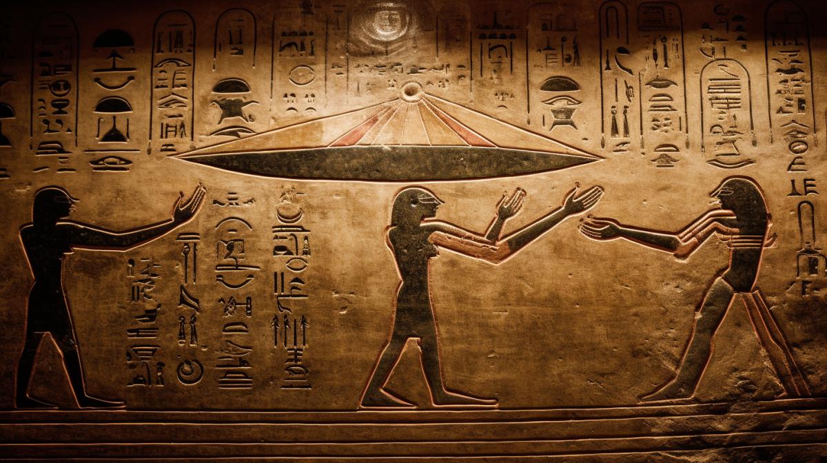 An Egyptian knocks out an image of a UFO on the wall, Egyptian hieroglyphs