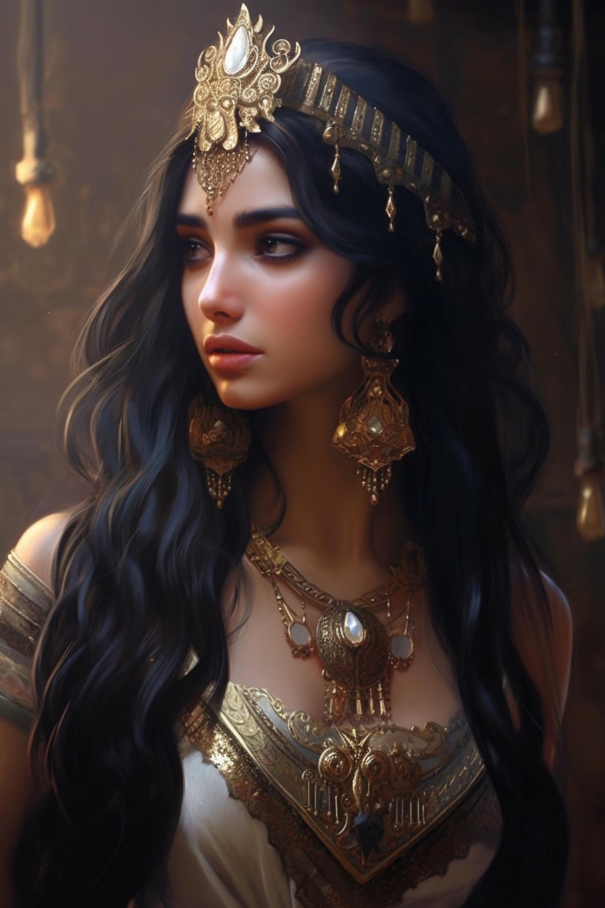 I cant believe how beautiful the painting is of the majestic Egyptian princess | in the style of golden light, sandalpunk, realistic and highly detailed rendering | precision, romanticized landscapes, hyper-realistic detailed character illustrations in RAW style