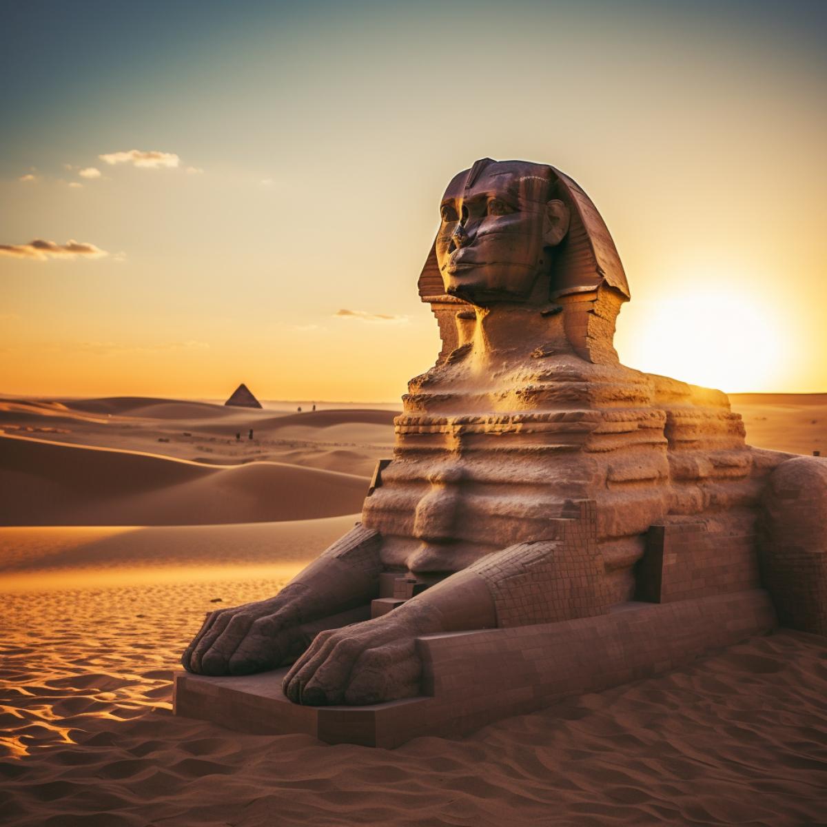 A majestic sphinx guarding the desert, golden sand dunes, vintage film camera, telephoto lens, sunset, majestic, cinematic film.