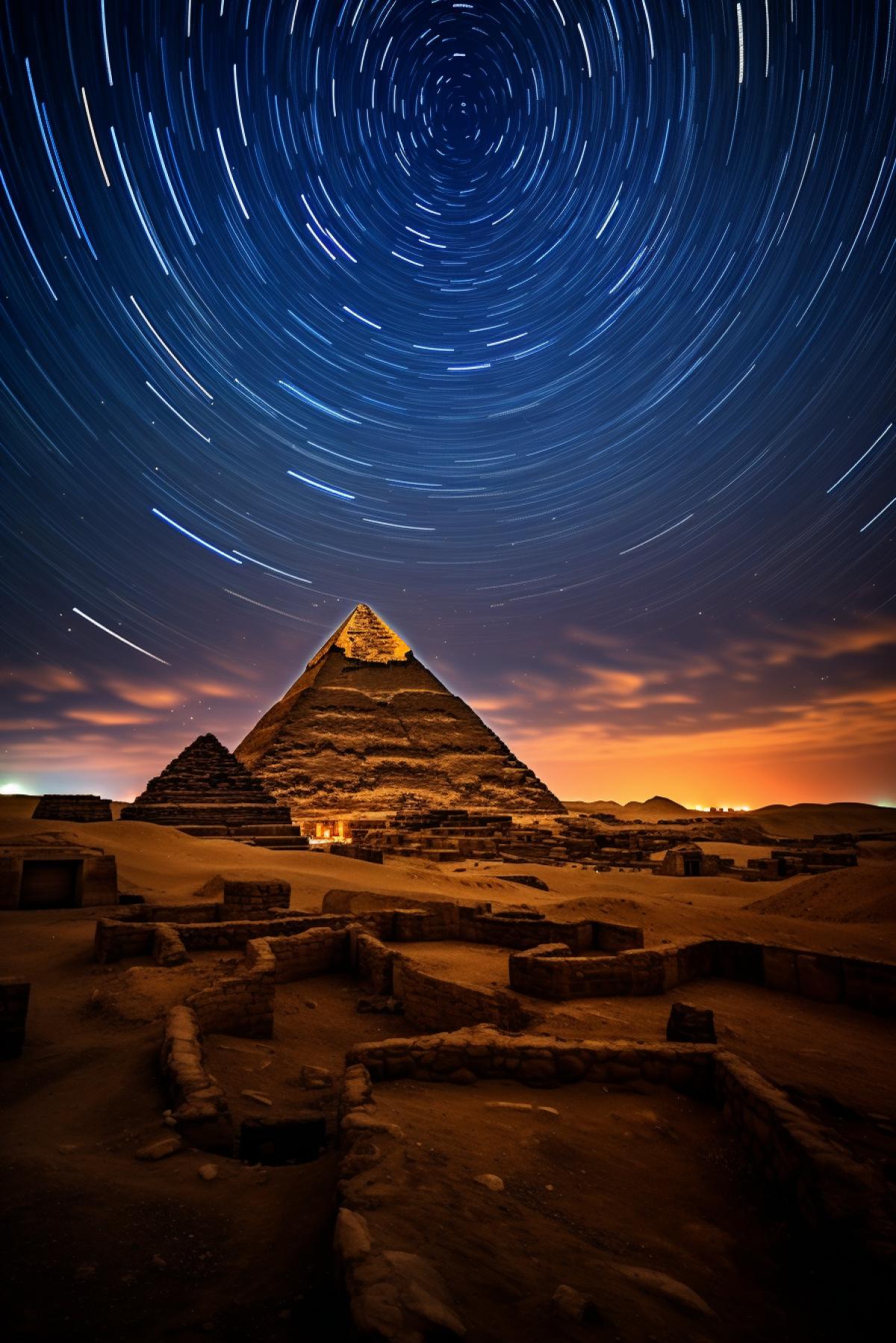 A celestial alignment over the pyramids, starry night, telescope camera, long exposure, nighttime, cosmic, astronomical wonder.