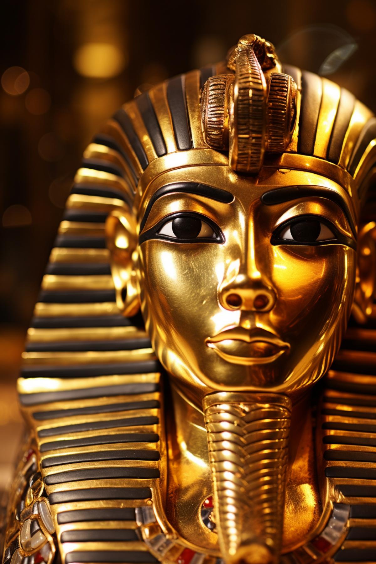 The mesmerizing eyes of a Pharaohs sarcophagus, candlelit room, digital camera, macro lens, twilight, mystical, golden hues