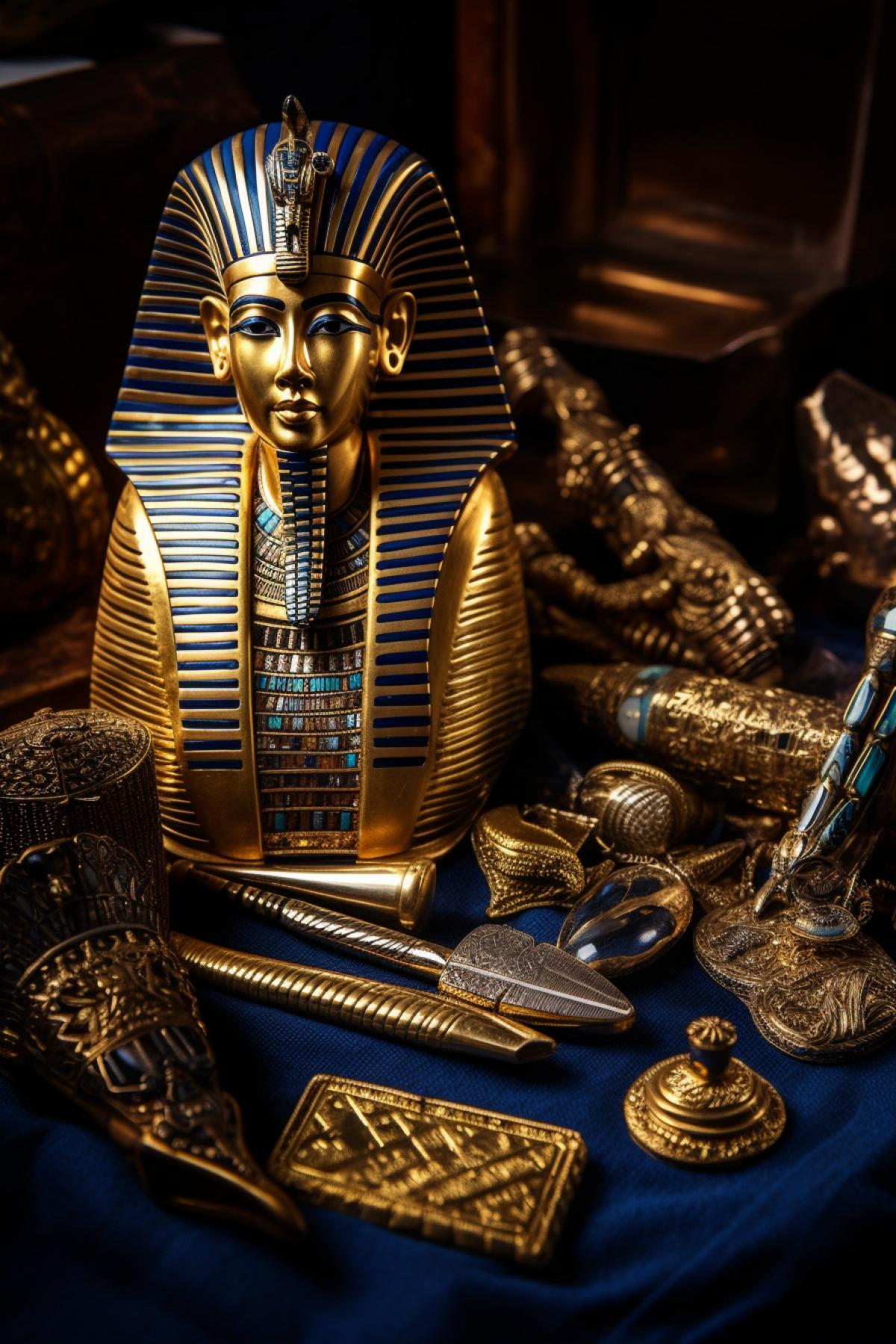 Unveiling the treasures of Tutankhamuns tomb, dusty artifacts, digital camera, close-up lens, midday, archaeological, historical relics.